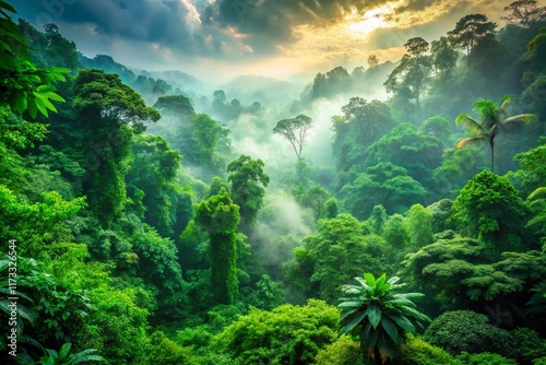 Lush Green Foggy Forest Panorama - Mystical Jungle Landscape Stock Photo photo