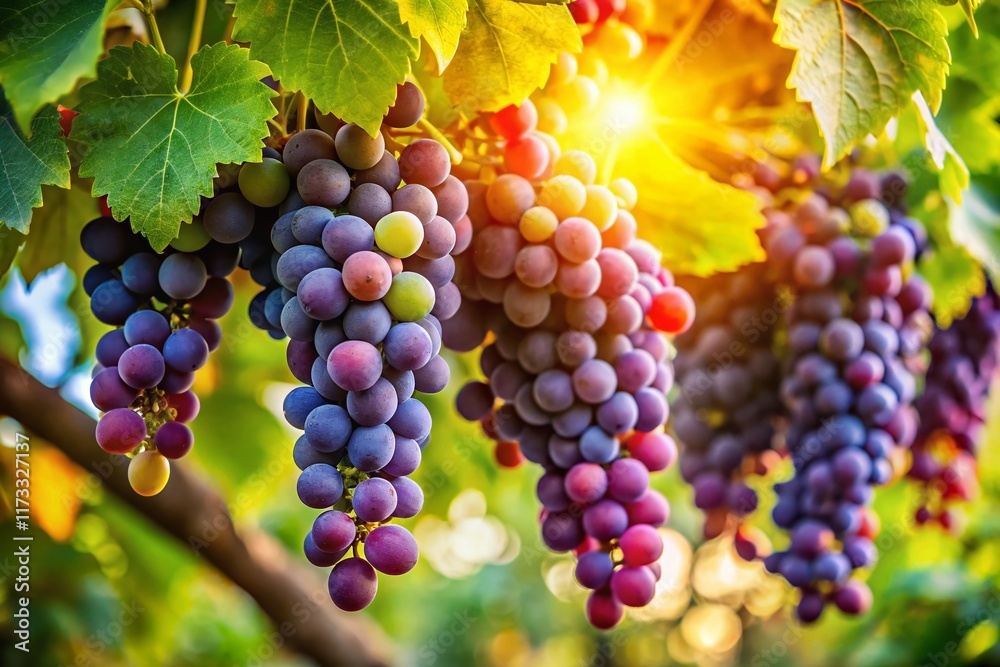Naklejka premium Lush Green Grapevine with Ripe Purple Grapes Hanging from Vines - Harvest Season Vineyard