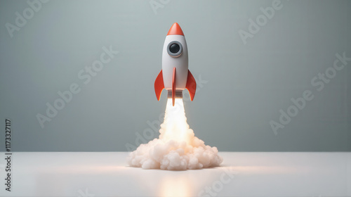 White Rocket Launching with Smoke on Gray Background