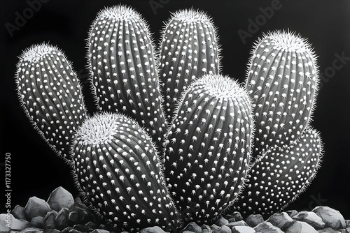 Black and white close-up of a cluster of cacti with small rocks at the base against a black background.