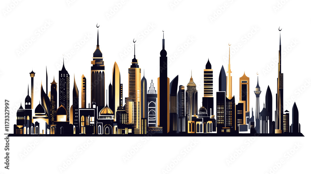 Fototapeta premium Islamic Skyline Vector in Black, Gold and White. isolated transparent background