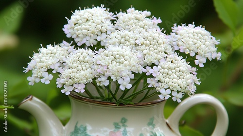 of a delicate Caspia flower with tiny clusters of blooms, arranged in a vintage ceramic vase surrounded by soft greenery. Caspia  photo