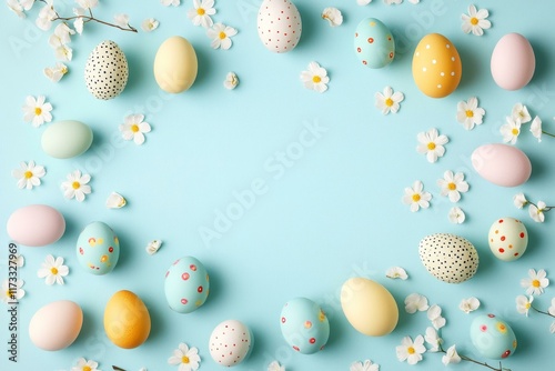 Easter Eggs and Flowers on a Light Blue Background