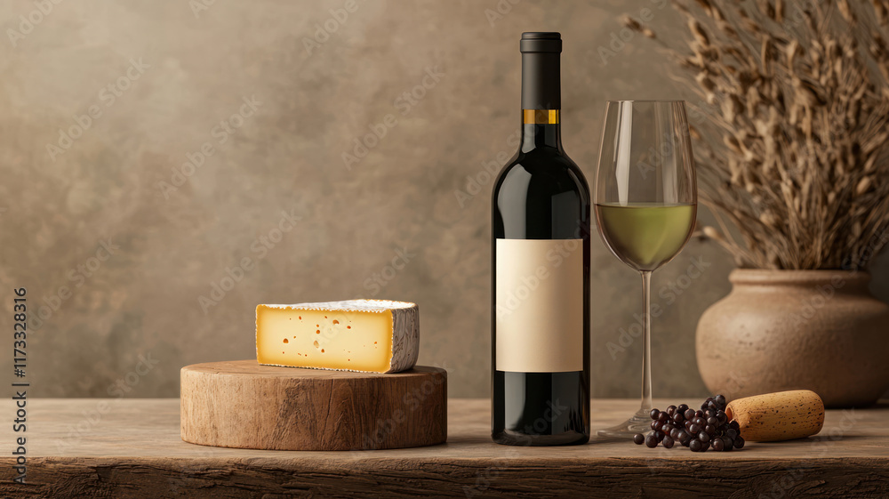 Naklejka premium Red wine bottle with blank label, cheese wedge, green wine glass, cork, and rustic decor on wooden table