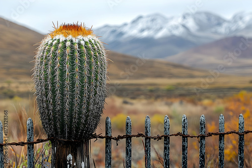 A large, round cactus sits atop a rusty barbed wire fence against a backdrop of snow-capped mountains and a dry, autumnal landscape.