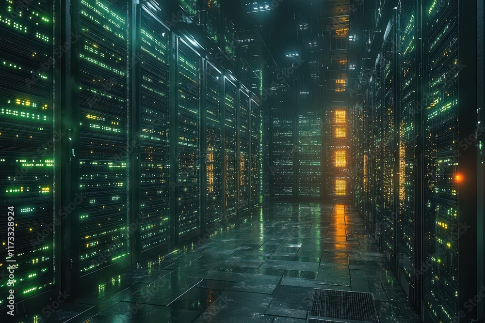Modern data center filled with network servers illuminated by green and orange lights at night Modern data center filled with network servers illuminated by green and orange lights at night