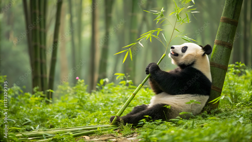 Fototapeta premium Adorable panda sitting on ground munching on bamboo in tranquil forest