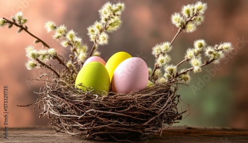 Easter Eggs in a Nest with Willow Branches