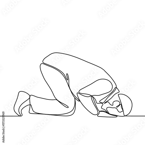 Muslim praying - single line drawing. Continuous line drawing of muslim man pray and raise hand for ramadhan and ied mubarak.