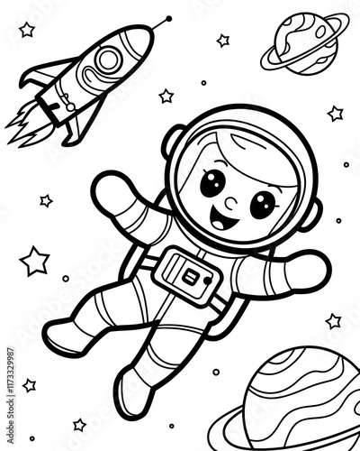 Cute astronaut in space outline line art coloring page, Kids coloring book