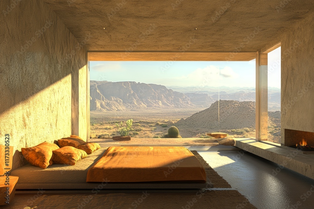 A bedroom with a large window overlooking a desert. The window is open, letting in a lot of light A bedroom with a large window overlooking a desert. The window is open, letting in a lot of light
