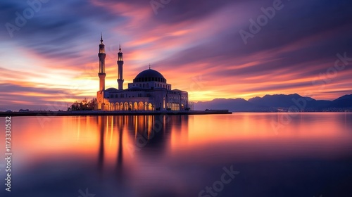 Majestic mosque at sunrise reflected in calm water. photo