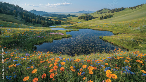 Wallpaper Mural Alpine wildflowers bloom by mountain pond with valley vista Torontodigital.ca