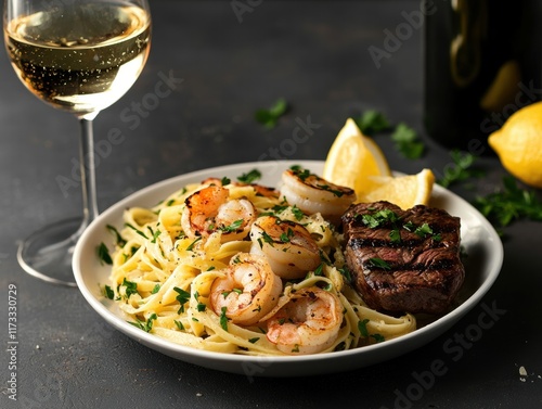 Indulge in Shrimp Scampi and Grilled Steak A Culinary Delight on Pasta Gourmet Kitchen Dish Showcase Elegant Setting Flavorful Experience