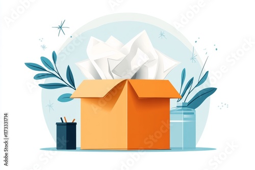 A clean and simple flat illustration of Kleenex tissues being pulled out of a box on a white background photo