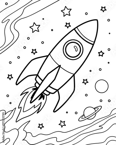 Cute rocket in space outline line art coloring page, Kids coloring book