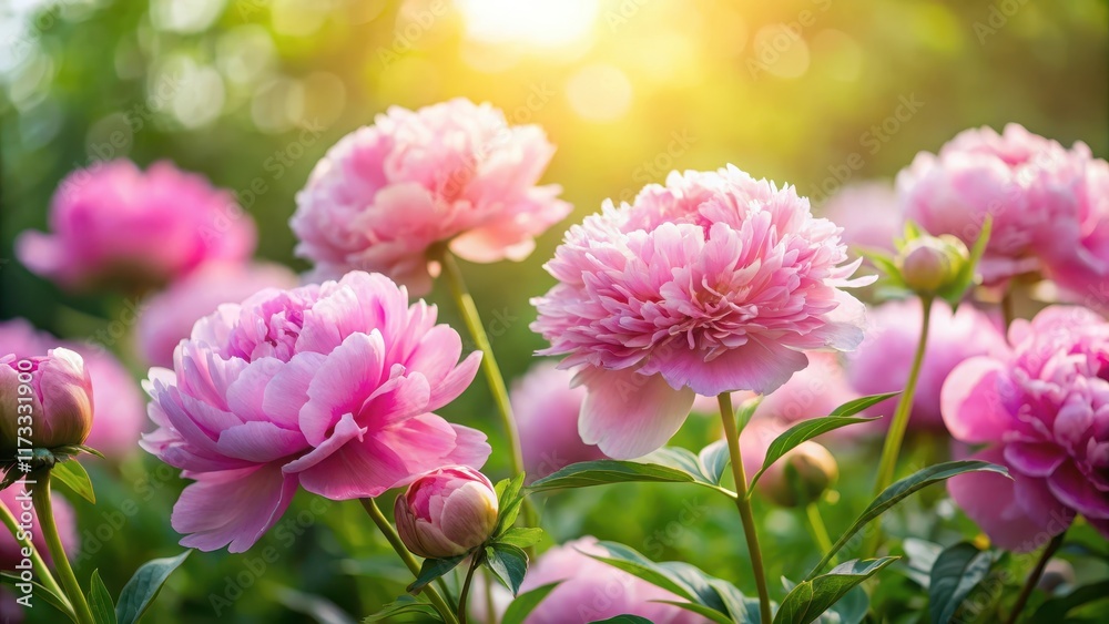 Fototapeta premium Softly glowing light falls on a lush garden filled with fluffy pink peony flowers in full bloom against a gentle greenery backdrop , nature, blooming