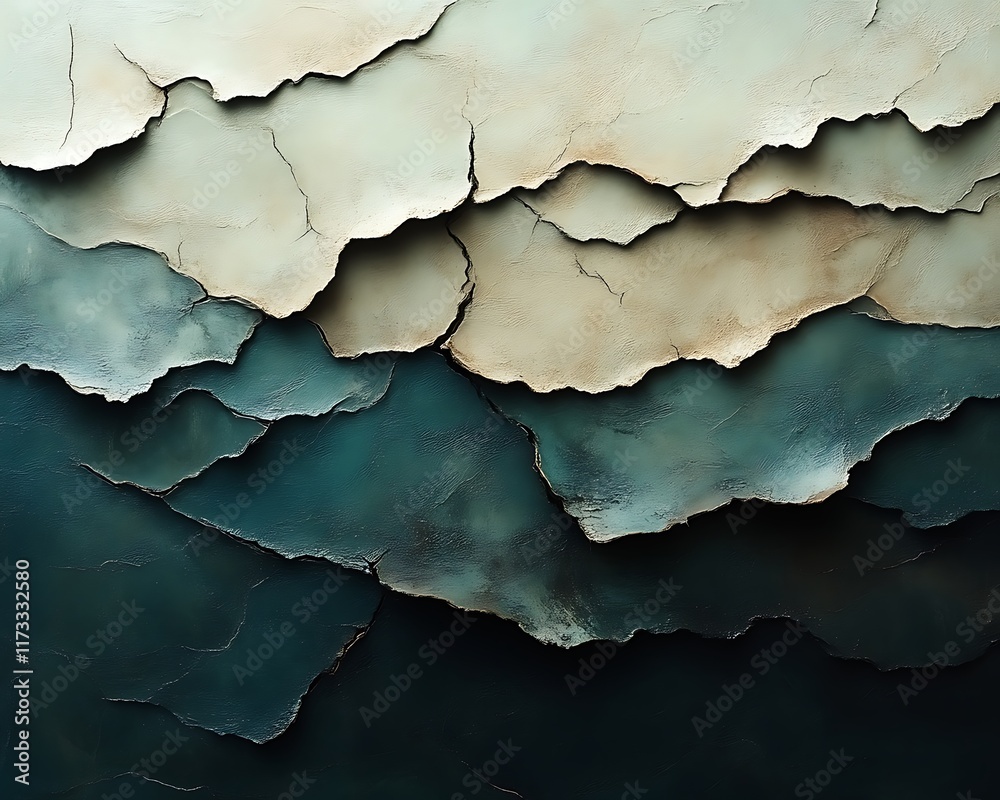 Obraz premium Abstract art with cracked, layered paint in teal and beige.
