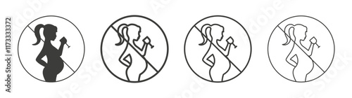 No alcohol during pregnancy period sign set flat and linear vector illustration on white background.