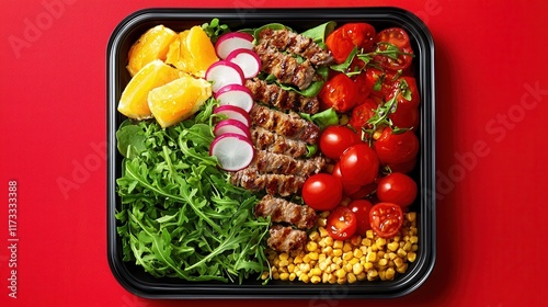 Healthy meal prep box with grilled meat fresh veggies kitchen setting