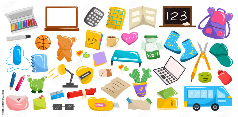 Vector set of school supplies isolated on white background. Including book, laptop, lamp, black board and white board, eraser, pencil, glasses, school bus and desk. Educational elements collection. Vector set of school supplies isolated on white background. Including book, laptop, lamp, black board and white board, eraser, pencil, glasses, school bus and desk. Educational elements collection.