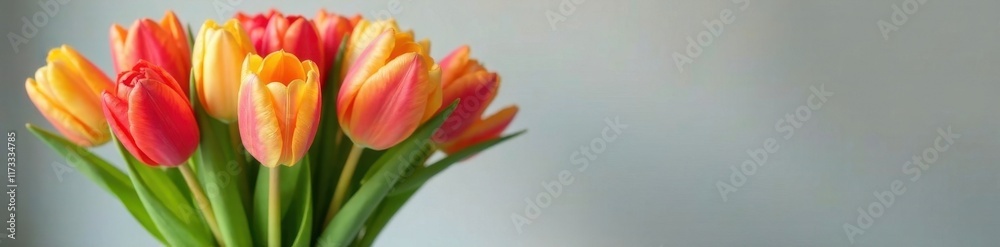 A cluster of tulips in a clear vase, various colors , colorful, pink A cluster of tulips in a clear vase, various colors , colorful, pink