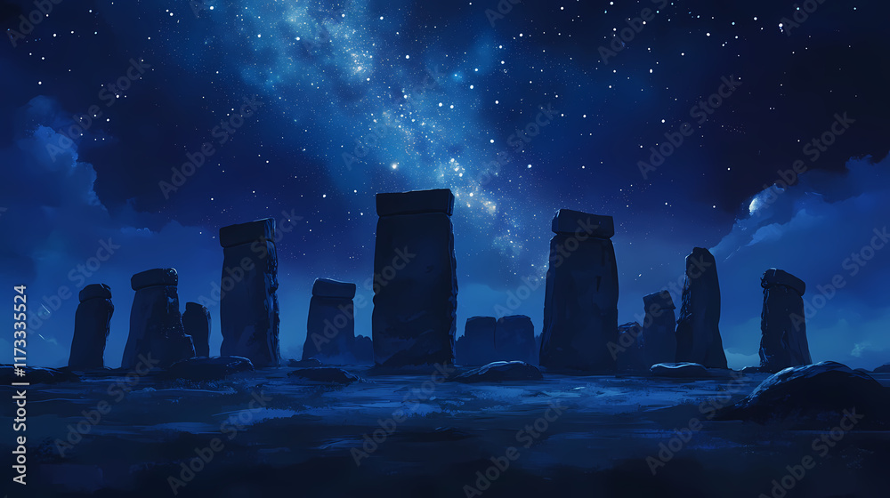 An ancient stone circle under a cosmic sky, with stars twinkling and the milky way arching overhead. Stonehenge. Illustration An ancient stone circle under a cosmic sky, with stars twinkling and the milky way arching overhead. Stonehenge. Illustration