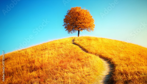 Drumlin hills and lonely tree under blue sky in autumn photo