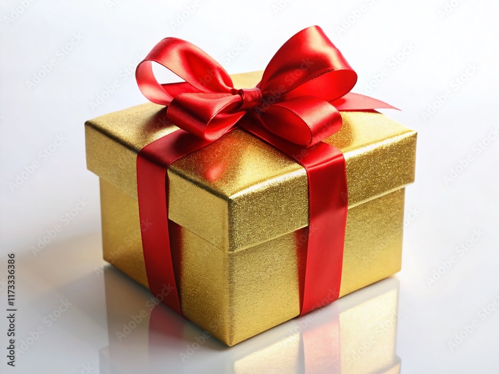 Luxurious Gold Gift Box with Red Ribbon Bow - Elegant Present on White Background Luxurious Gold Gift Box with Red Ribbon Bow - Elegant Present on White Background