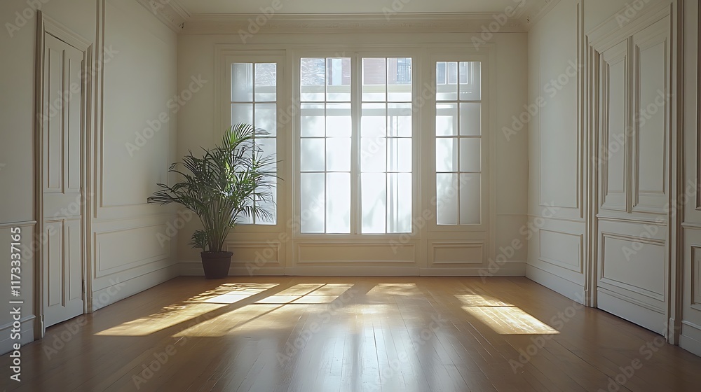 Fototapeta premium Natural light streaming through windows in minimalist room interior