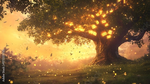 With tiny fairies flying around and soft golden light, this whimsical scene depicts a giant magical tree growing glowing books as leaves against a dreamy sunset sky. photo