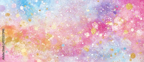 A colorful background with gold glitter and pink and blue swirls