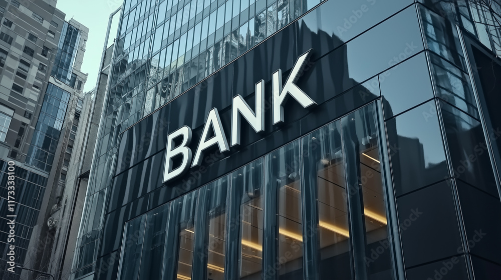 Modern financial institution building with reflective glass walls, sharp angles, and bold white BANK lettering Modern financial institution building with reflective glass walls, sharp angles, and bold white BANK lettering