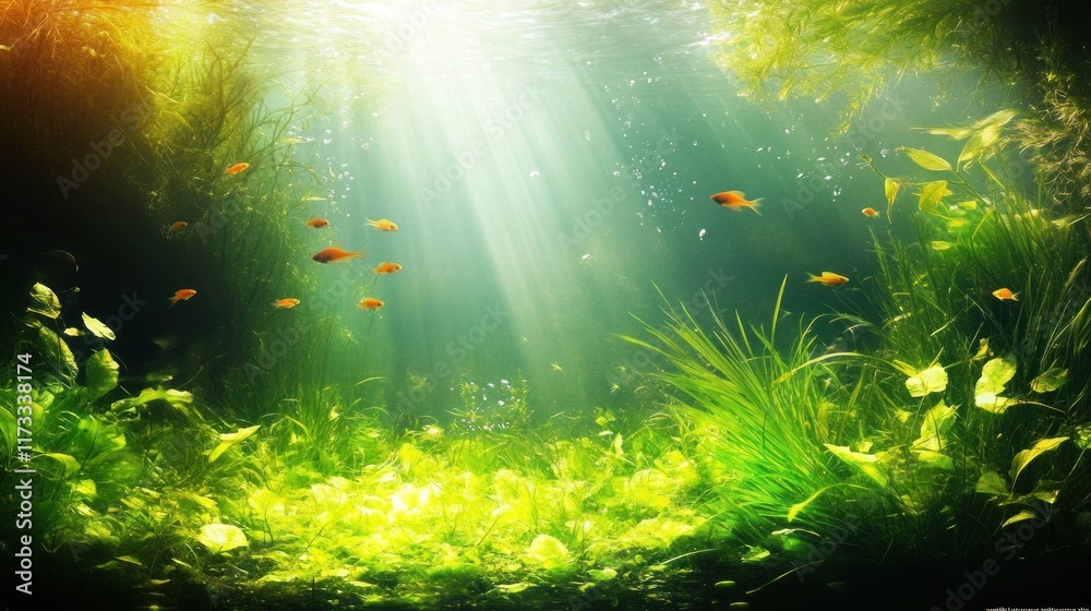 Underwater Sunlight Dappled Through Aquatic Plants with Fish. Underwater Sunlight Dappled Through Aquatic Plants with Fish.