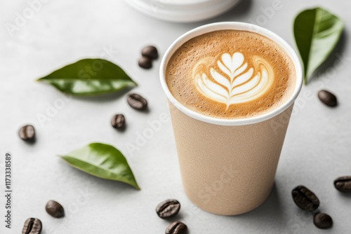 A flat 2D design of kraft paper packaging for a coffee brand, featuring simple, bold fonts and a nature-inspired logo on a white backdrop photo