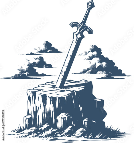 Sword Embedded in Rock with Clouds in Engraving Style