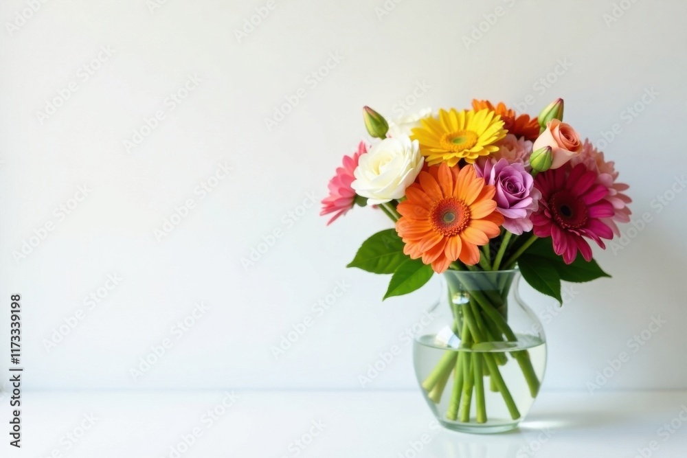 Vibrant flower arrangement in glass vase, white backdrop, detail, colorful flowers, floral design Vibrant flower arrangement in glass vase, white backdrop, detail, colorful flowers, floral design