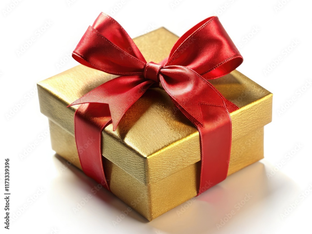 Obraz premium A miniature golden gift box, perfectly tied with a red bow, sits on a pristine white background.
