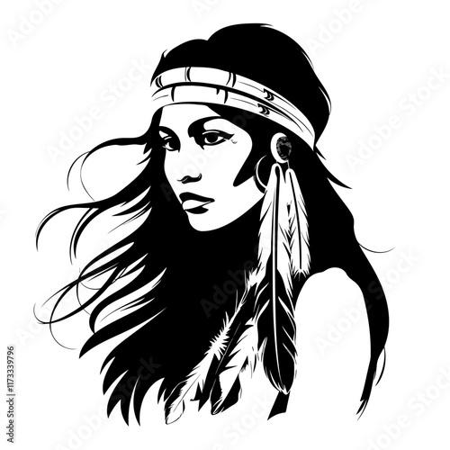 Native American Woman – A Powerful and Graceful Stylization. This Detailed Illustration Captures the Strength and Spirit of a Native Woman, Making It Perfect for Artistic Projects, Apparel Designs