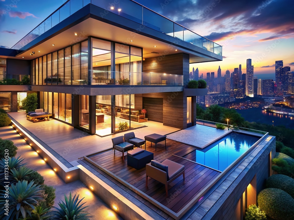 Fototapeta premium Luxurious Villa Night View: 4K Looping Animation of Sparkling Cityscape from Large Windows