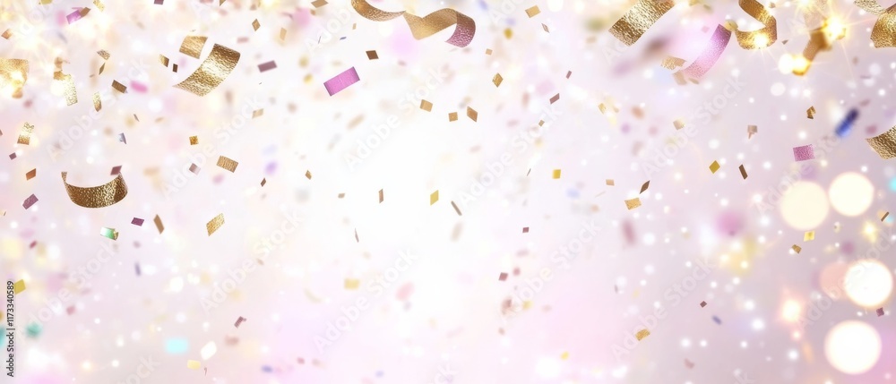 A colorful background with gold and pink confetti falling from the sky A colorful background with gold and pink confetti falling from the sky