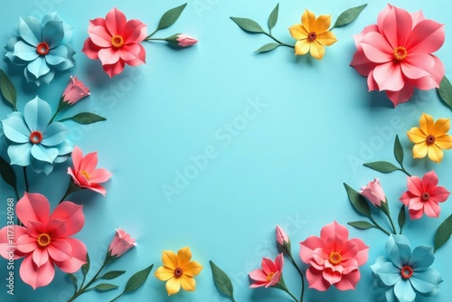 Vibrant paper flowers, light blue backdrop, central space, greeting card, party, petals