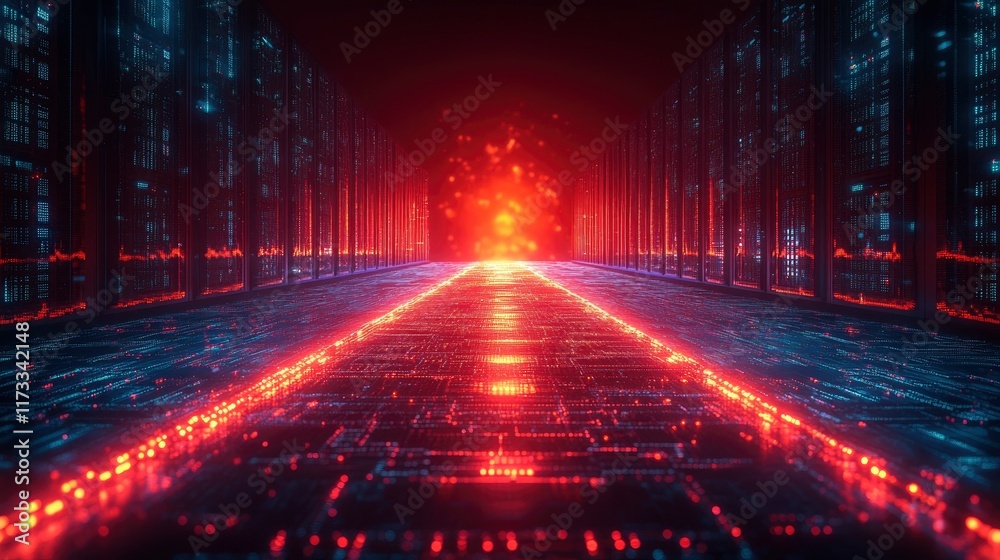 Data center visualization with rows of servers transforming into virtual landscape Data center visualization with rows of servers transforming into virtual landscape