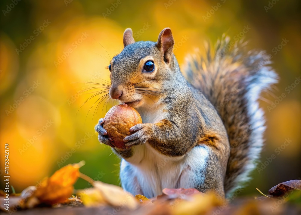An adorable squirrel relishes a walnut in a charming autumnal scene. Wildlife photography captures its delightful snack. An adorable squirrel relishes a walnut in a charming autumnal scene. Wildlife photography captures its delightful snack.