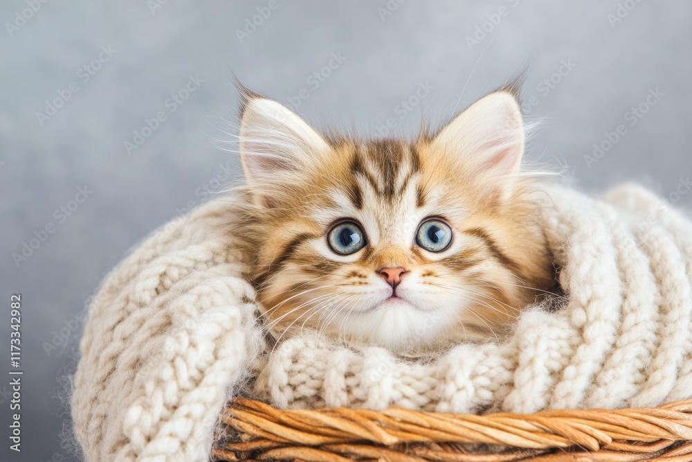 Obraz premium A fluffy kitten with wide blue eyes, sitting in a wicker basket surrounded by soft blankets