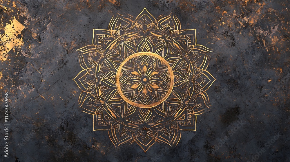 An Indian mandala design merging with sleek Scandinavian minimalistic shapes, glowing in gold and pastel tones, set on a textured dark gray background. An Indian mandala design merging with sleek Scandinavian minimalistic shapes, glowing in gold and pastel tones, set on a textured dark gray background.