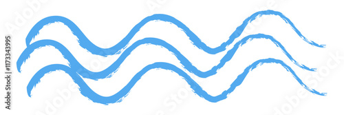 Blue water waves hand drawn style. Waves in doodle style. Stylized waves in three rows isolated from background. Vector illustration