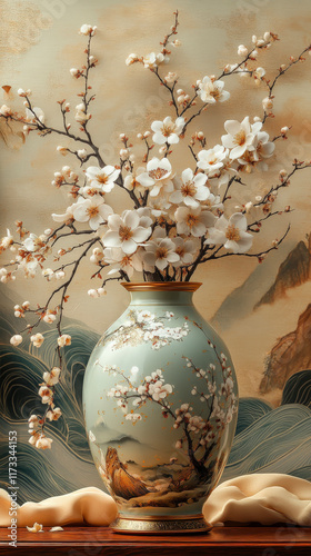 Flowers in vase before arched wall