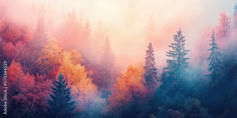 Obraz premium Autumnal Forest Panorama with Misty Morning Vibes