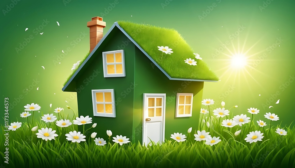 Green House with Grass Roof in Sunny Meadow Green House with Grass Roof in Sunny Meadow